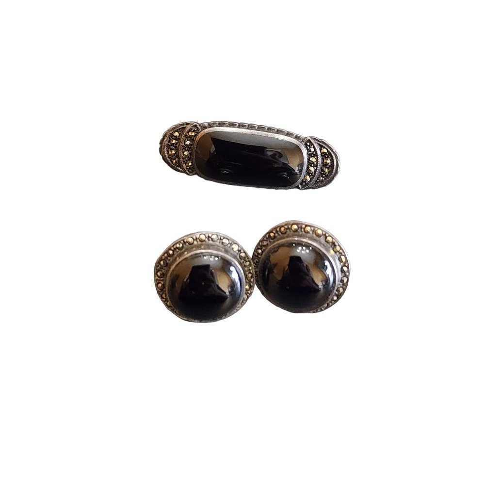 Vintage Signed JJ Judith Jack Sterling Marcasite & Onyx Brooch Earrings Set